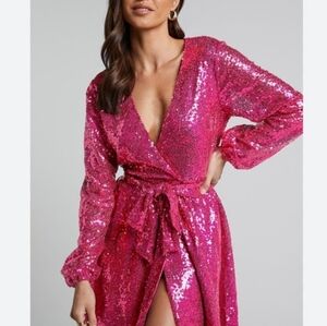 Showpo Pink Sequin Wrap Dress